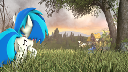 Size: 2560x1440 | Tagged: safe, artist:phenioxflame, derpibooru import, dj pon-3, vinyl scratch, pony, unicorn, 3d, butt, female, grass, house, mare, plot, source filmmaker, tree