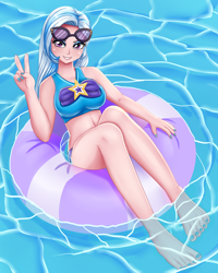 Size: 1600x2000 | Tagged: safe, artist:focusb, derpibooru import, trixie, human, adorasexy, bikini, breasts, clothes, cute, diatrixes, feet, female, humanized, inner tube, legs, looking at you, midriff, peace sign, sexy, smiling, solo, sunglasses, swimming pool, swimsuit, titsie, water