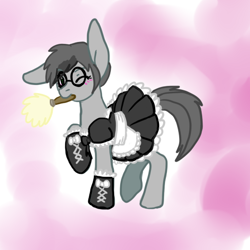 Size: 512x512 | Tagged: safe, artist:demonnyuu, derpibooru import, oc, oc only, earth pony, pony, blushing, clothes, commission, digital art, female, glasses, maid, mare, mouth hold, one eye closed, simple background, solo, tail, wink