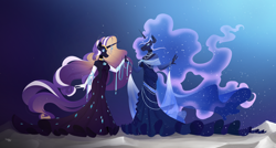 Size: 1280x684 | Tagged: safe, artist:happypaca, derpibooru import, nightmare moon, nightmare rarity, alicorn, anthro, unicorn, choker, clothes, dress, duo, evening gloves, gloves, holding hands, jewelry, long gloves, necklace, pearl necklace, wingless, wingless anthro