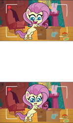 Size: 1280x2160 | Tagged: safe, derpibooru import, edit, edited screencap, screencap, fluttershy, pegasus, pony, my little pony: pony life, unboxing day, spoiler:pony life s01e30, animation error, box, exploitable meme, female, fluttershy's cottage, mare, meme, recording, sad, simple background, solo, template, transparent background, treehouse logo, wingless