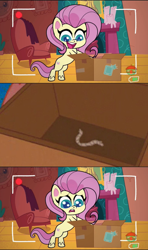 Size: 1280x2160 | Tagged: safe, derpibooru import, edit, edited screencap, screencap, fluttershy, pegasus, pony, my little pony: pony life, unboxing day, spoiler:pony life s01e30, animation error, box, female, fluttershy's cottage, mare, recording, sad, solo, spongebob squarepants, the secret box, treehouse logo, wingless