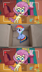 Size: 1280x2160 | Tagged: safe, derpibooru import, edit, edited screencap, screencap, fluttershy, rainbow dash, pegasus, pony, fanfic:my little dashie, my little pony: pony life, unboxing day, spoiler:pony life s01e30, animation error, box, exploitable meme, female, fluttershy's cottage, good people finding dash meme, mare, meme, obligatory pony