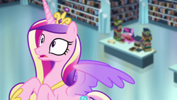 Size: 1280x720 | Tagged: safe, derpibooru import, screencap, princess cadance, twilight sparkle, twilight sparkle (alicorn), alicorn, pony, the crystalling, book, bookshelf, flying, library