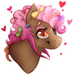 Size: 360x372 | Tagged: safe, artist:amiookamiwolf, derpibooru import, oc, oc only, oc:party prize, pony, bust, female, mare, offspring, parent:cheese sandwich, parent:pinkie pie, parents:cheesepie, portrait, simple background, solo, transparent background