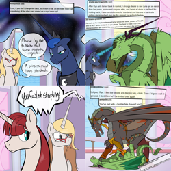 Size: 2562x2562 | Tagged: safe, artist:professor-ponyarity, derpibooru import, princess luna, oc, oc:bonniecorn, oc:rye, alicorn, dragon, pony, dimar: lost waters, magic, olitar, petrification, tumblr:ask rye dimar dragon