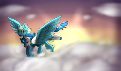 Size: 3000x1764 | Tagged: safe, artist:noxi1_48, derpibooru import, oc, oc:kiwi, oc:sea glow, kirin, pegasus, cloud, duo, flying, male, sky, smiling, stallion, wings