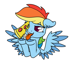 Size: 1200x1089 | Tagged: safe, artist:dacaoo, derpibooru import, rainbow dash, pegasus, pony, female, floppy ears, food, mare, pizza, prize on the eyes, simple background, solo, spread wings, tongue out, underhoof, white background, wings