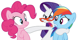 Size: 1226x643 | Tagged: safe, artist:sollace, derpibooru exclusive, derpibooru import, pinkie pie, rainbow dash, rarity, earth pony, pegasus, pony, unicorn, rarity takes manehattan, .svg available, bipedal, glasses, looking at you, looking away, open mouth, raised eyebrow, rarity's glasses, simple background, svg, transparent background, trio, vector