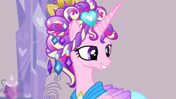 Size: 1280x720 | Tagged: safe, derpibooru import, screencap, princess cadance, alicorn, pony, games ponies play, ceremonial headdress, clothes, dress, female, solo