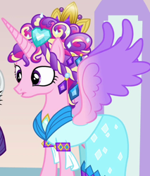 Size: 958x1125 | Tagged: safe, derpibooru import, screencap, princess cadance, alicorn, pony, games ponies play, ceremonial headdress, clothes, dress, female, solo