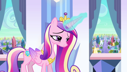 Size: 1280x720 | Tagged: safe, derpibooru import, screencap, princess cadance, alicorn, pony, the crystal empire, female, folded wings, magic, solo, tired, wings