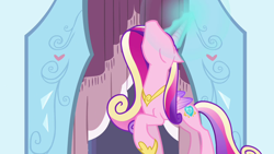 Size: 1280x720 | Tagged: safe, derpibooru import, screencap, princess cadance, alicorn, pony, the crystal empire, female, folded wings, looking up, magic, solo, wings