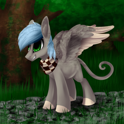 Size: 2362x2362 | Tagged: safe, artist:intfighter, derpibooru import, oc, pegasus, pony, clothes, colored hooves, leonine tail, outdoors, pegasus oc, scarf, solo, tree, two toned wings, wings