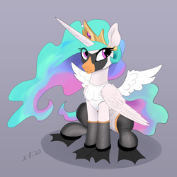 Size: 2322x2323 | Tagged: safe, artist:xbi, derpibooru import, princess celestia, alicorn, bird, pony, swan, 30 minute art challenge finished after, animal costume, celestia is not amused, clothes, costume, fake wings, female, flippers, gradient background, high res, simple background, sitting, socks, solo, suit, swanlestia, textless version, unamused