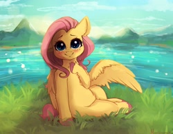 Size: 3661x2849 | Tagged: safe, artist:miokomata, derpibooru import, fluttershy, pegasus, pony, blushing, chest fluff, cute, ear down, ear fluff, female, freckles, freckleshy, high res, leg fluff, looking at you, mare, river, shyabetes, sitting, solo, unshorn fetlocks