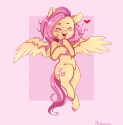 Size: 2859x2897 | Tagged: safe, artist:miokomata, derpibooru import, fluttershy, pegasus, pony, colored hooves, cute, ear fluff, eyes closed, female, floating heart, flying, freckles, freckleshy, heart, high res, leg fluff, mare, open mouth, shyabetes, solo, spread wings, wings