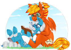 Size: 1200x850 | Tagged: safe, artist:octo_pus, derpibooru import, oc, oc only, oc:blaze fury, oc:freezing blizzard, hybrid, pegasus, book, brother and sister, duo, female, glasses, male, siblings, simple background, transparent background