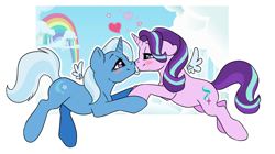 Size: 2870x1602 | Tagged: safe, artist:ali-selle, derpibooru import, starlight glimmer, trixie, unicorn, cloud, couple, cute, female, heart, lesbian, love, rainbow, shipping, simple background, startrix, transparent background