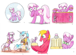 Size: 6560x4728 | Tagged: safe, artist:philo5, derpibooru import, big macintosh, cheerilee, diamond tiara, princess celestia, silver spoon, alicorn, earth pony, pony, blade, bondage, bowtie, bubble, butt, cash register, dance puppets dance, eyes closed, figurine, flowerbutt, grin, hoof over mouth, horn, horn ring, magic suppression, mutiny, puppet, puppet strings, puppeteer, ring, rope, rope bondage, smiling, souvenir, sphere, tied up, waving, wide eyes