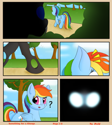 Size: 1800x2000 | Tagged: safe, artist:ponyxwright, derpibooru import, rainbow dash, changeling, pegasus, pony, comic:something for a change, cloud, comic, grass, sky, tree