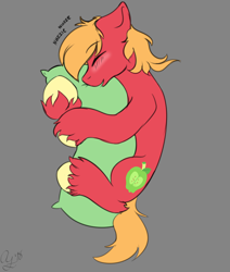 Size: 1266x1494 | Tagged: safe, artist:aurorafang, artist:auroraookamisan12, derpibooru import, big macintosh, earth pony, pony, blushing, cute, eyes closed, gray background, hug, leg fluff, macabetes, male, missing accessory, nuzzling, pillow, pillow hug, profile, simple background, solo, stallion