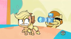 Size: 1669x923 | Tagged: safe, derpibooru import, screencap, applejack, earth pony, pony, my little pony: pony life, ponies of the moment, spoiler:pony life s01e27, camera, female, mare, paparazzi, shrunken pupils, treehouse logo