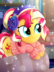 Size: 1800x2400 | Tagged: safe, artist:artmlpk, derpibooru import, sunset shimmer, pony, unicorn, adorable face, adorkable, alternate hairstyle, beautiful, clothes, cute, digital art, dork, equestria girls ponified, female, headphones, lens flare, looking up, mare, ponified, ponytail, shimmerbetes, smiling, solo, sweater, watermark, winter