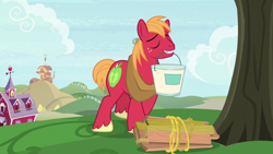 Size: 1920x1080 | Tagged: safe, derpibooru import, screencap, big macintosh, the big mac question, bucket, mouth hold, solo