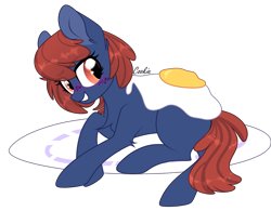 Size: 3186x2479 | Tagged: safe, artist:lazuli, derpibooru import, oc, oc only, earth pony, pony, blushing, commission, earth pony oc, egg, grin, lying down, micro, plate, simple background, smiling, solo, transparent background, ych result