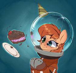 Size: 960x921 | Tagged: safe, artist:rexyseven, derpibooru import, oc, oc only, oc:rusty gears, earth pony, pony, cake, female, food, hat, mare, party hat, solo, space helmet, spacesuit, zero gravity
