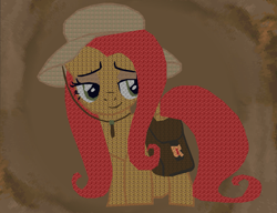 Size: 1877x1440 | Tagged: safe, artist:calinou, derpibooru exclusive, derpibooru import, fluttershy, pegasus, pony, daring doubt, bag, cute, doom, female, hat, mare, saddle bag, sassy, sassyshy, side view, slade, smug, solo