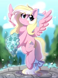 Size: 1200x1612 | Tagged: safe, artist:colorfulcolor233, derpibooru import, oc, oc only, oc:bay breeze, pegasus, pony, blushing, bouquet, chest fluff, cute, female, flower, mare, ocbetes, solo