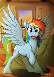 Size: 1543x2189 | Tagged: safe, artist:tf-sential, rainbow dash, pegasus, pony, fanfic:five score divided by four, barn, commission, fanfic art, female, looking at you, open mouth, raised hoof, solo, solo female, spread wings, surprised, wings