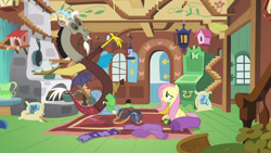 Size: 1280x720 | Tagged: safe, derpibooru import, screencap, discord, fluttershy, draconequus, pegasus, pony, dungeons and discords, bag, clothes, duo, fluttershy's cottage, saddle bag, scarf, suitcase, sweater