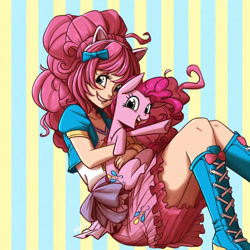 Size: 1243x1243 | Tagged: safe, artist:ilacavgbmjc, derpibooru import, pinkie pie, earth pony, human, pony, cute, diapinkes, eared humanization, female, holding a pony, human ponidox, humanized, kotobukiya, kotobukiya pinkie pie, looking at you, magic skirt, mare, open mouth, self ponidox, sitting, smiling