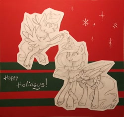 Size: 960x906 | Tagged: safe, derpibooru import, oc, oc only, oc:iris, oc:lilyana, alicorn, pony, alicorn oc, christmas, community related, duo, female, filly, flying, happy, holiday, horn, mare, smiling, starved for light, traditional art, wings