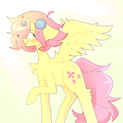 Size: 3200x3200 | Tagged: safe, artist:scootaspark, derpibooru import, fluttershy, pegasus, pony, alternate hairstyle, blushing, flower, flower in hair, short hair, solo