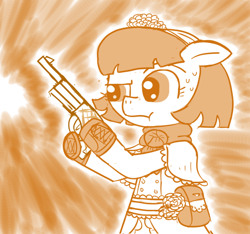 Size: 640x600 | Tagged: safe, artist:ficficponyfic, derpibooru import, part of a set, oc, aiming, bag, boots, cyoa, cyoa:madness in mournthread, floppy ears, flower, gun, hairband, monochrome, neckerchief, nervous, one eyebrow raised, pursed lips, shawl, shoes, story included, sweat, weapon