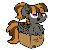 Size: 3250x2688 | Tagged: safe, artist:kimjoman, derpibooru import, part of a set, oc, oc only, oc:mythic dawn, bat pony, pony, :d, bat pony oc, bat wings, box, commission, cute, ear fluff, eyebrows visible through hair, fangs, female, fluffy, hair tie, happy, pony in a box, ponytail, purple eyes, simple background, slit eyes, solo, transparent background, wings, ych result