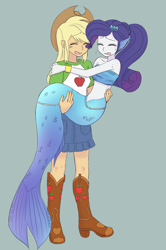 Size: 1600x2408 | Tagged: safe, artist:haibaratomoe, derpibooru import, applejack, rarity, mermaid, equestria girls, bandeau, bare shoulders, carrying, crying, ear fins, eyes closed, female, holding, lesbian, mermaidized, mermarity, midriff, rarijack, shipping, sleeveless, species swap, strapless