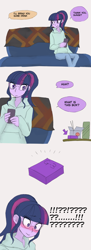 Size: 1024x2807 | Tagged: safe, artist:haibaratomoe, derpibooru import, sci-twi, twilight sparkle, equestria girls, blushing, blushing profusely, cellphone, comic, fingering, food, glasses, imminent fingering, implied lesbian, implied shipping, implied sunset shimmer, phone, sex