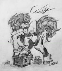 Size: 1512x1732 | Tagged: safe, artist:reekosukanku, derpibooru import, oc, oc:carty, earth pony, pony, butt, crate, explosives, male, monochrome, plot, solo, stallion, tnt, traditional art