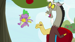 Size: 1920x1080 | Tagged: safe, derpibooru import, screencap, discord, spike, dragon, the big mac question, apple, apple tree, tree, winged spike