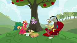 Size: 1920x1080 | Tagged: safe, derpibooru import, screencap, big macintosh, discord, spike, dragon, the big mac question, apple, apple tree, chair, paint bucket, tree, winged spike