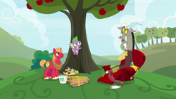 Size: 1920x1080 | Tagged: safe, derpibooru import, screencap, big macintosh, discord, spike, dragon, the big mac question, apple, apple tree, chair, paint bucket, tree, winged spike