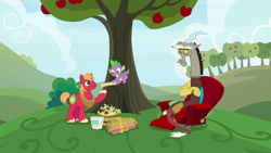 Size: 1920x1080 | Tagged: safe, derpibooru import, screencap, big macintosh, discord, spike, dragon, the big mac question, apple, apple tree, chair, map, paint bucket, tree, winged spike