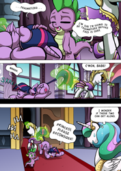 Size: 1204x1700 | Tagged: safe, artist:tarkron, derpibooru import, princess celestia, spike, twilight sparkle, twilight sparkle (alicorn), oc, oc:cosmo cool, alicorn, dragon, pony, unicorn, comic:the royal sandal, comic, eyes closed, glowing horn, horn, magic, pulling, sweat, sweatdrop, telekinesis