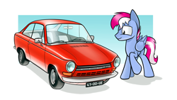 Size: 1920x1080 | Tagged: safe, artist:dori-to, derpibooru import, oc, oc only, oc:steam loco, pegasus, pony, car, classic car, commission, daf, digital art, male, pegasus oc, simple background, smiling, solo, wings