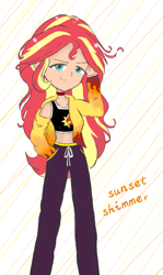 Size: 1080x1814 | Tagged: safe, artist:pink flame, derpibooru import, sunset shimmer, equestria girls, belly button, clothes, human coloration, midriff, sports bra